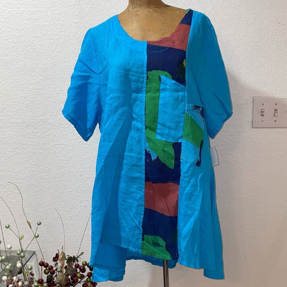 NWT Bright Blue Print Linen Dress TRANSPARENTE sz 1 M Made in Italy - Picture 1 of 3